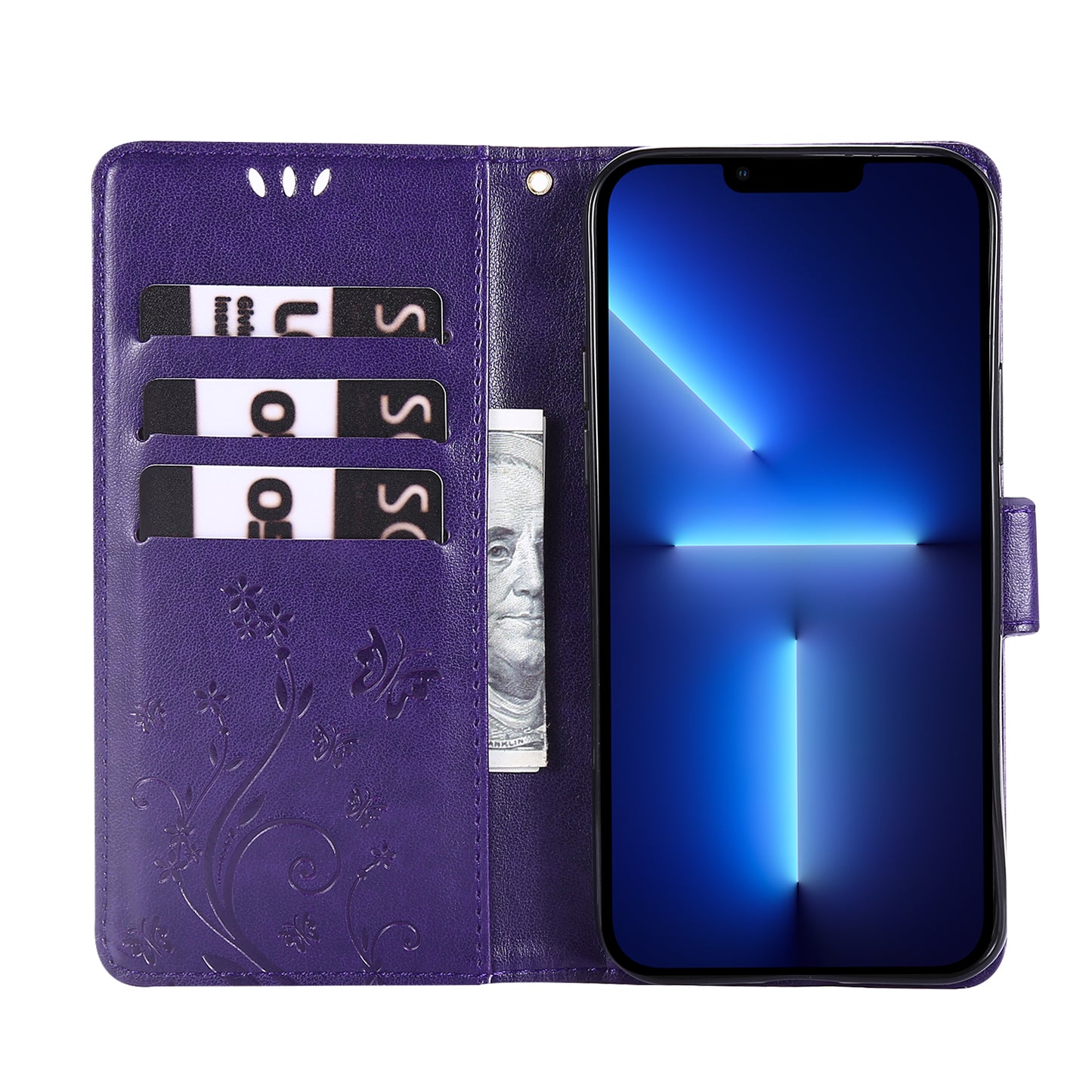 Well-protected PU Leather Butterflies Pattern Imprint Wallet Card Slots Phone Stand Case for iPhone 13 Pro 6.1 inch