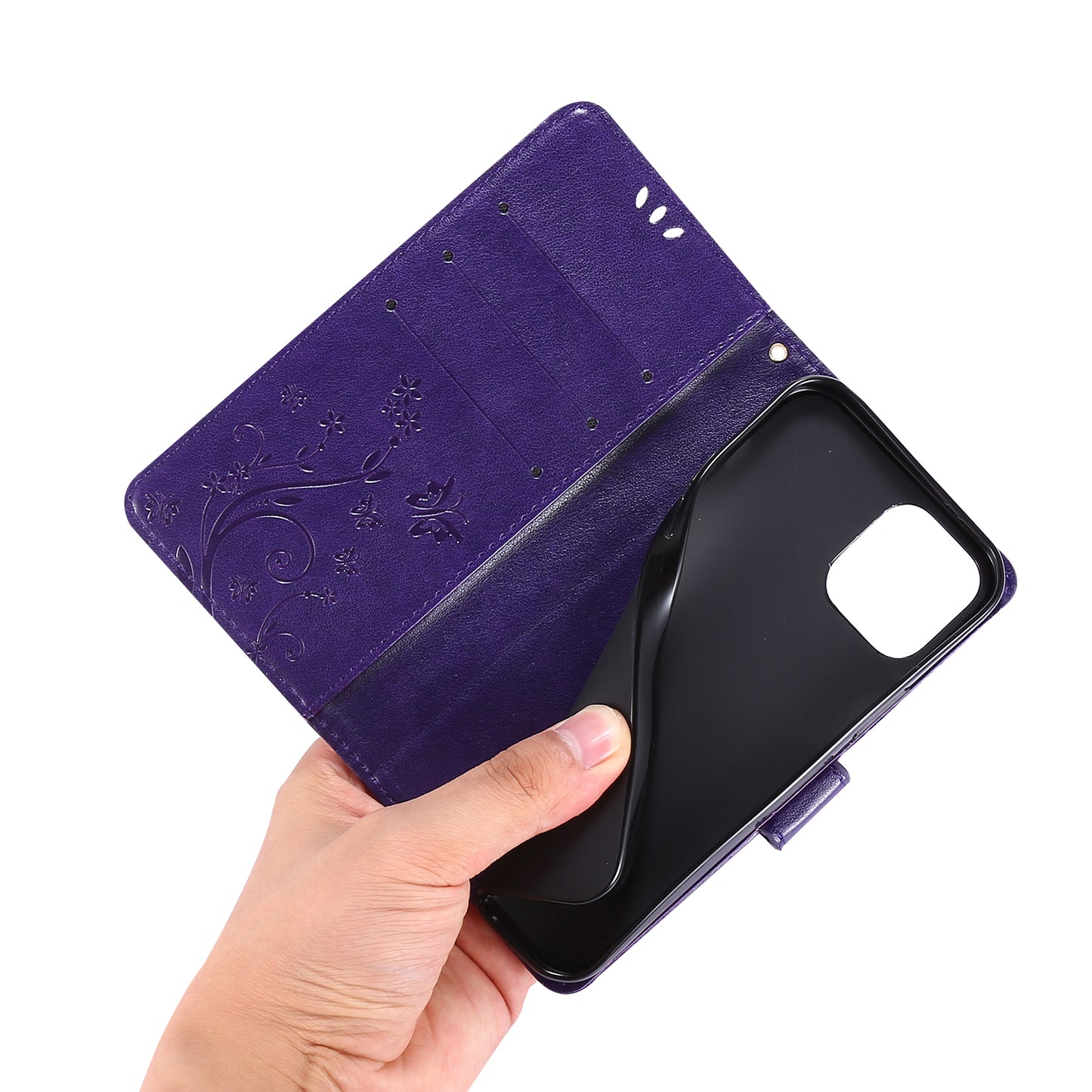 Well-protected PU Leather Butterflies Pattern Imprint Wallet Card Slots Phone Stand Case for iPhone 13 Pro 6.1 inch