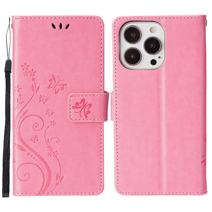 Well-protected PU Leather Butterflies Pattern Imprint Wallet Card Slots Phone Stand Case for iPhone 13 Pro 6.1 inch