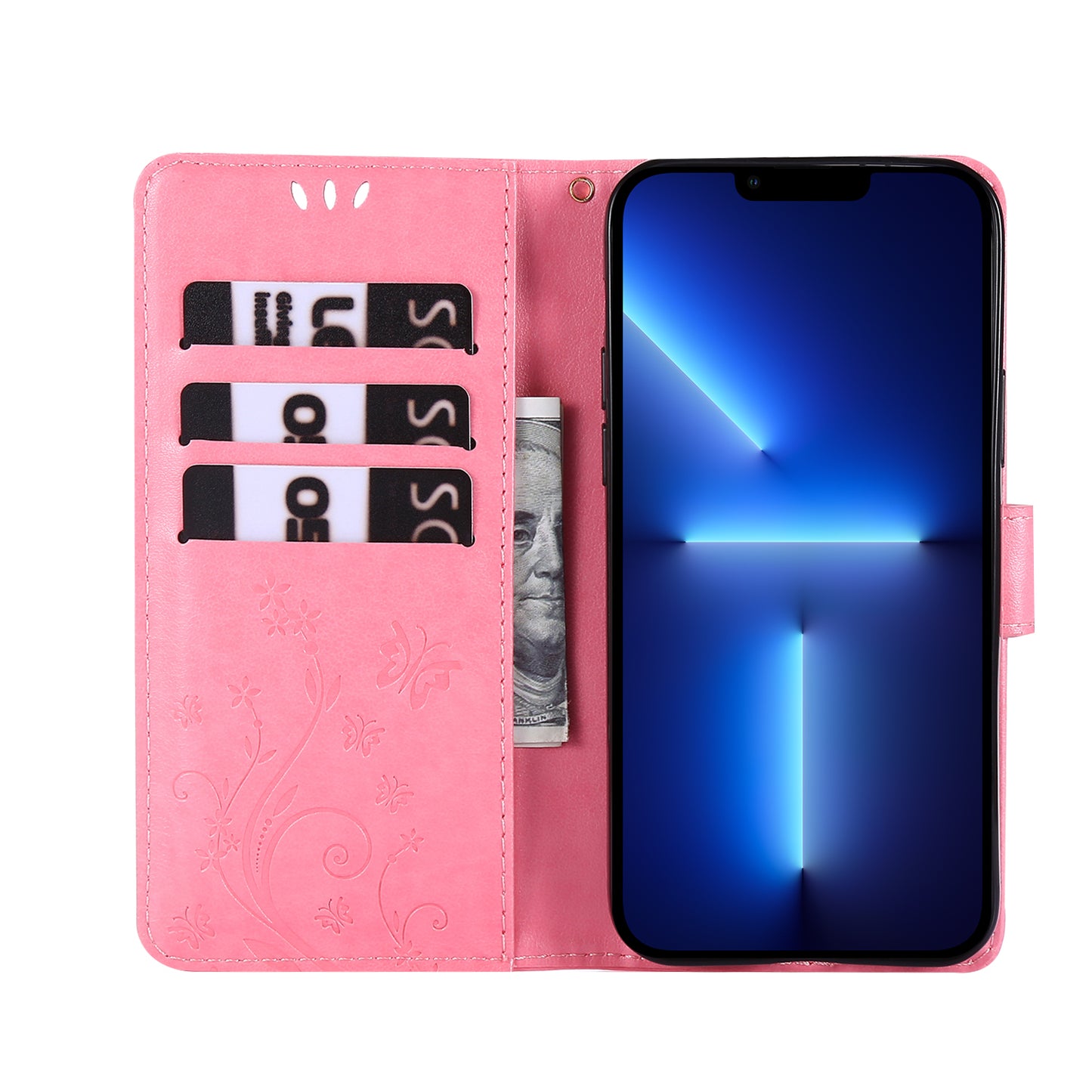 Well-protected PU Leather Butterflies Pattern Imprint Wallet Card Slots Phone Stand Case for iPhone 13 Pro 6.1 inch