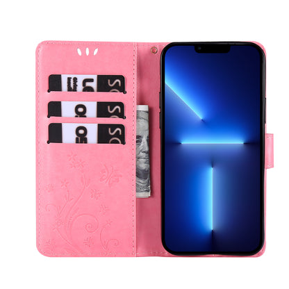 Well-protected PU Leather Butterflies Pattern Imprint Wallet Card Slots Phone Stand Case for iPhone 13 Pro 6.1 inch