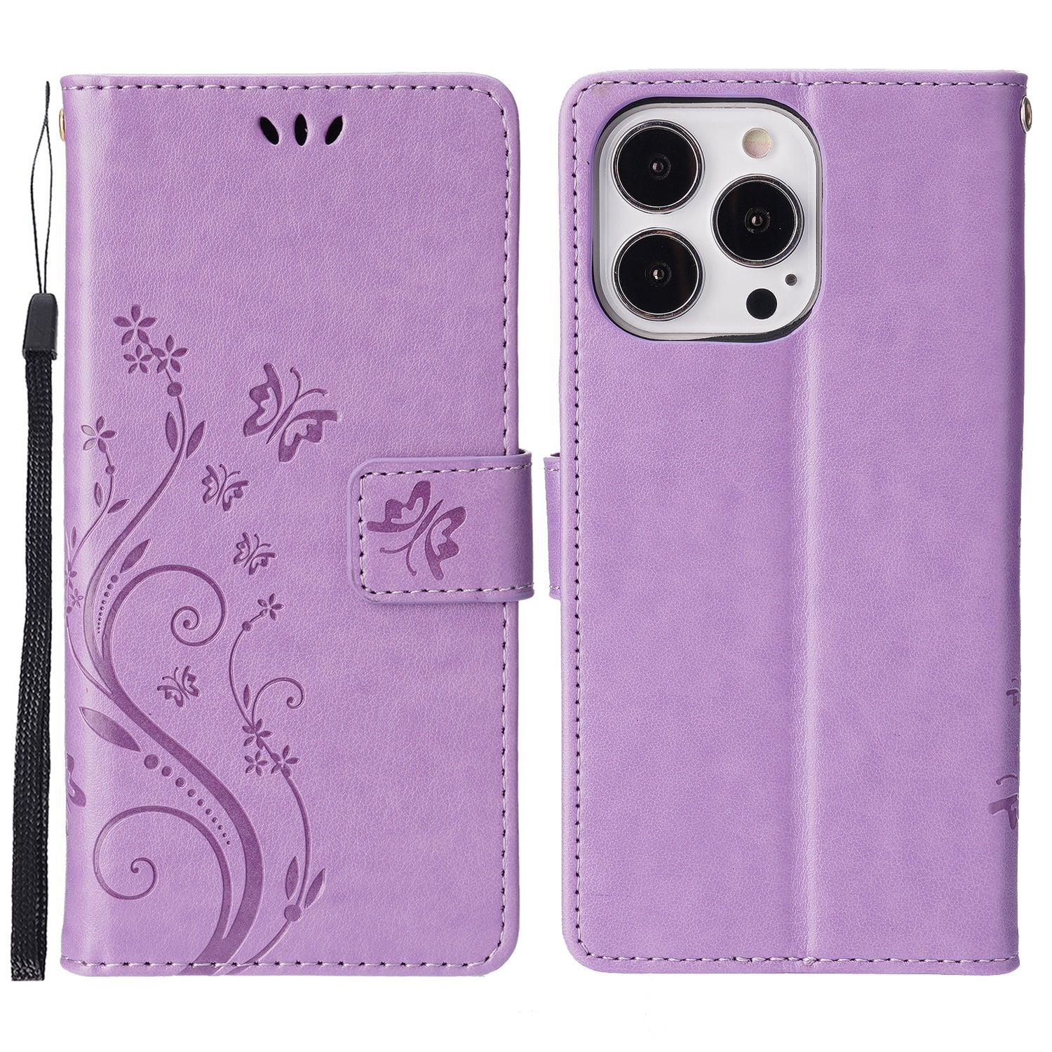 Well-protected PU Leather Butterflies Pattern Imprint Wallet Card Slots Phone Stand Case for iPhone 13 Pro 6.1 inch