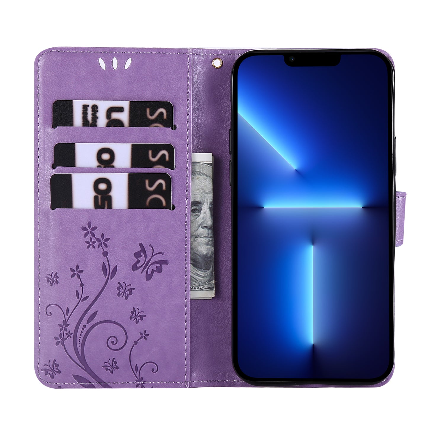 Well-protected PU Leather Butterflies Pattern Imprint Wallet Card Slots Phone Stand Case for iPhone 13 Pro 6.1 inch