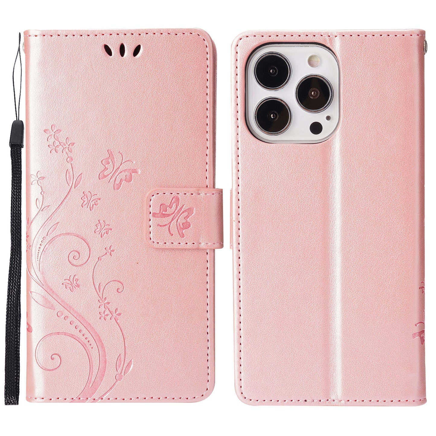 Well-protected PU Leather Butterflies Pattern Imprint Wallet Card Slots Phone Stand Case for iPhone 13 Pro 6.1 inch