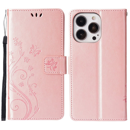 Well-protected PU Leather Butterflies Pattern Imprint Wallet Card Slots Phone Stand Case for iPhone 13 Pro 6.1 inch