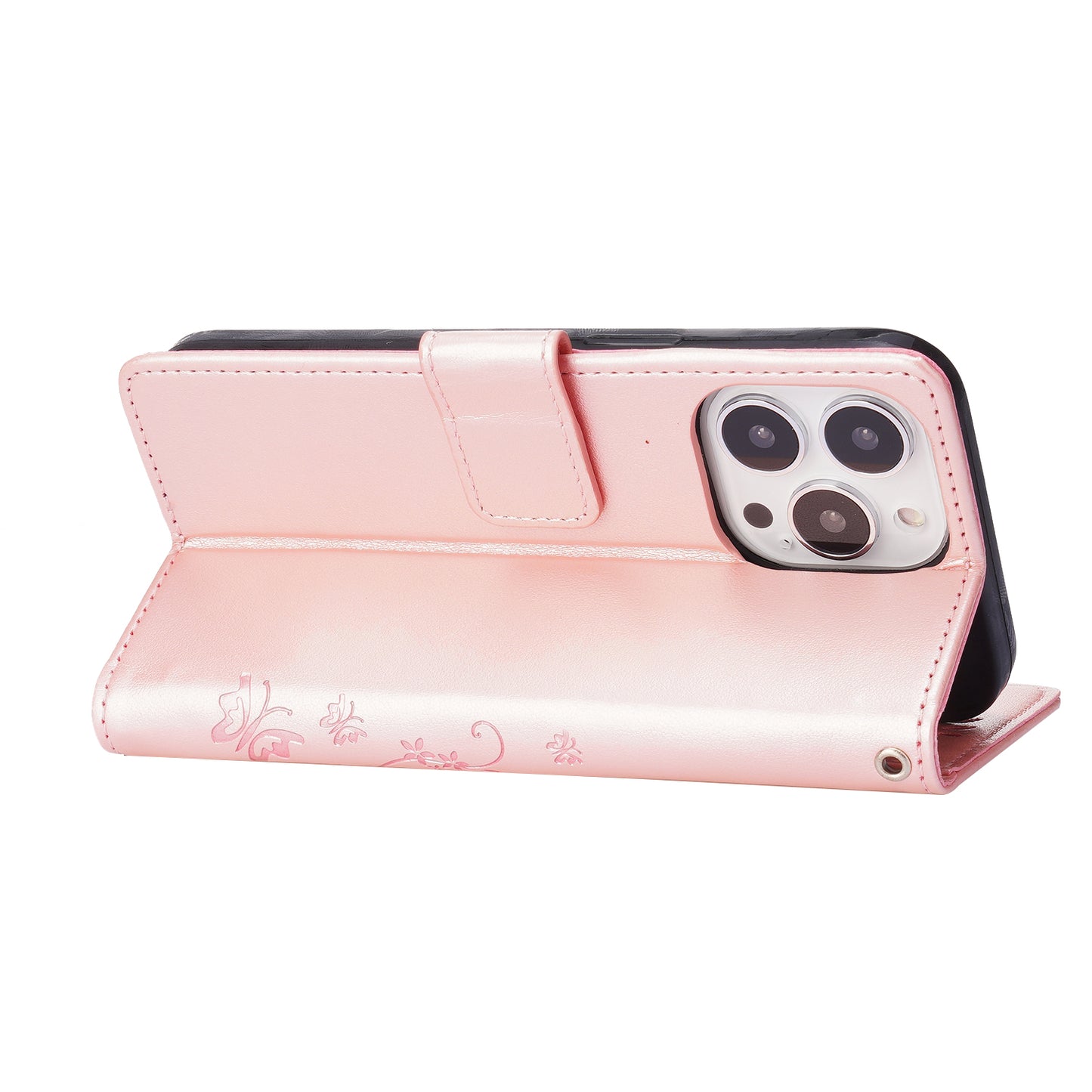 Well-protected PU Leather Butterflies Pattern Imprint Wallet Card Slots Phone Stand Case for iPhone 13 Pro 6.1 inch