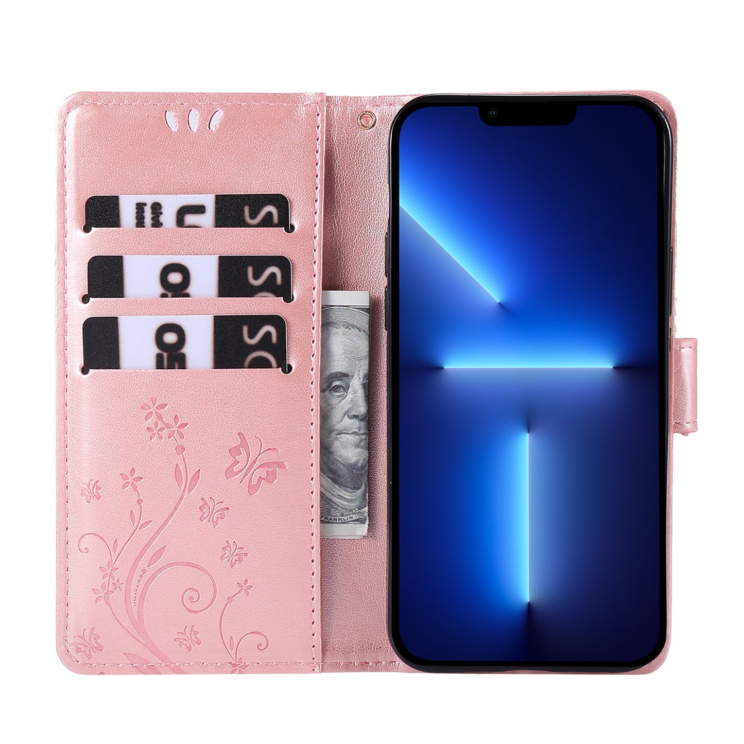Well-protected PU Leather Butterflies Pattern Imprint Wallet Card Slots Phone Stand Case for iPhone 13 Pro 6.1 inch