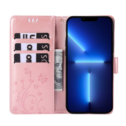 Well-protected PU Leather Butterflies Pattern Imprint Wallet Card Slots Phone Stand Case for iPhone 13 Pro 6.1 inch