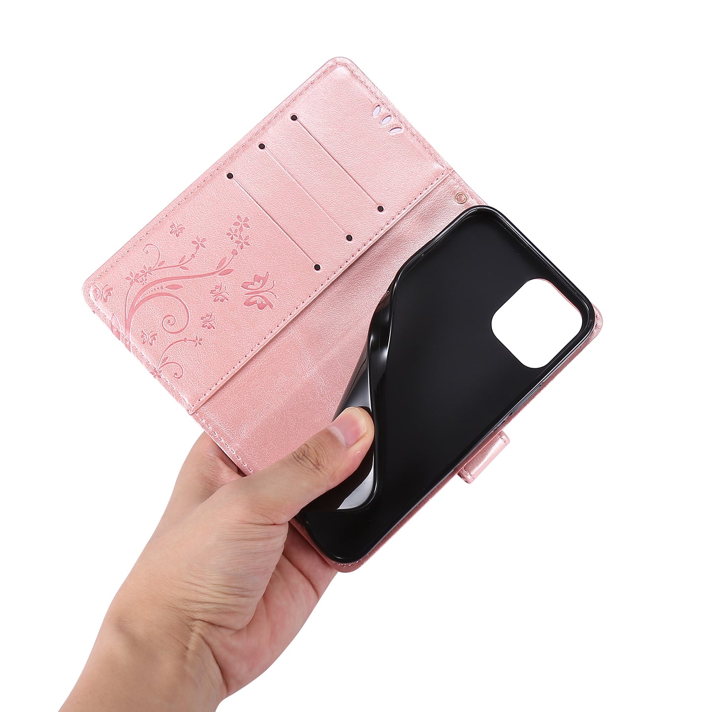 Well-protected PU Leather Butterflies Pattern Imprint Wallet Card Slots Phone Stand Case for iPhone 13 Pro 6.1 inch