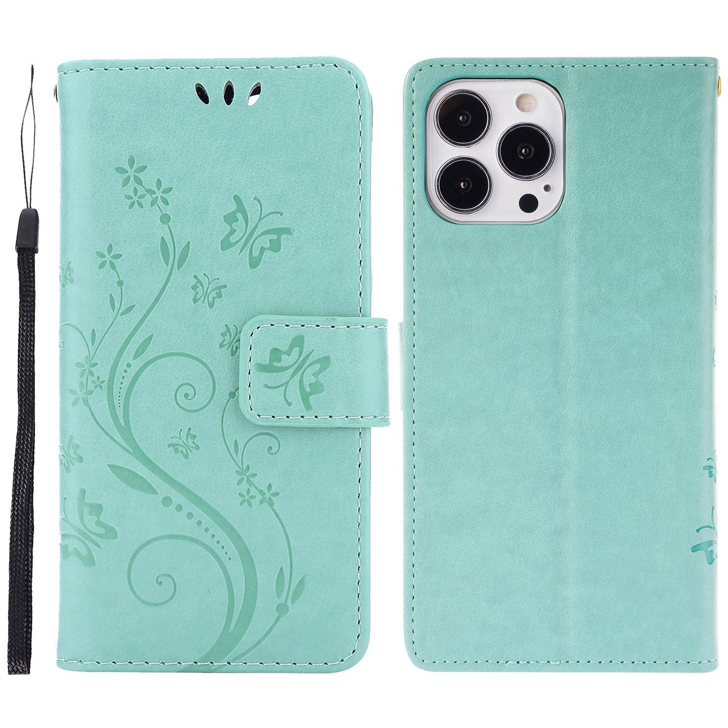 Well-protected PU Leather Butterflies Pattern Imprint Wallet Card Slots Phone Stand Case for iPhone 13 Pro 6.1 inch