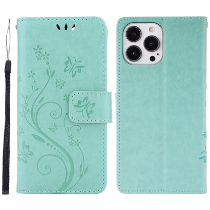 Well-protected PU Leather Butterflies Pattern Imprint Wallet Card Slots Phone Stand Case for iPhone 13 Pro 6.1 inch