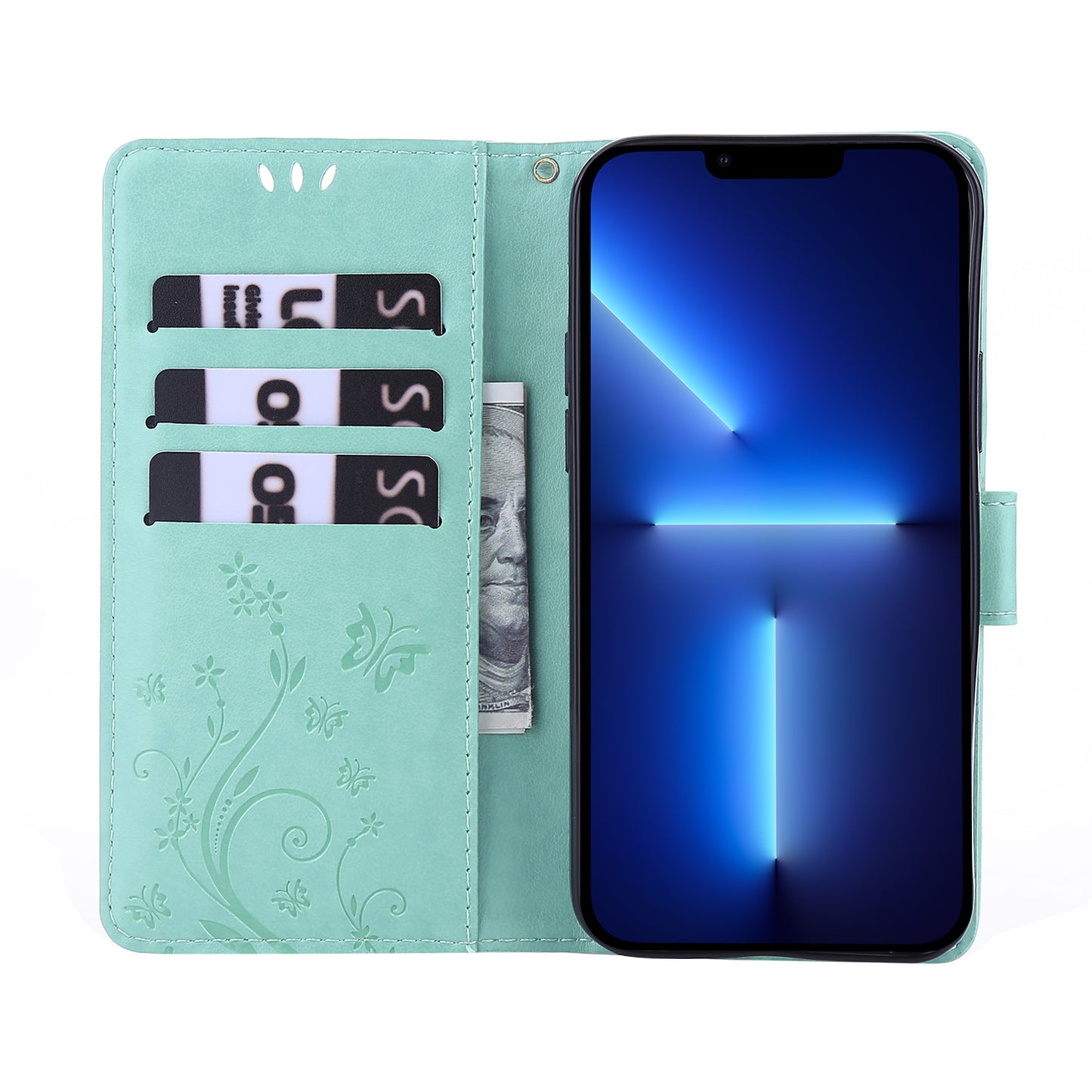 Well-protected PU Leather Butterflies Pattern Imprint Wallet Card Slots Phone Stand Case for iPhone 13 Pro 6.1 inch