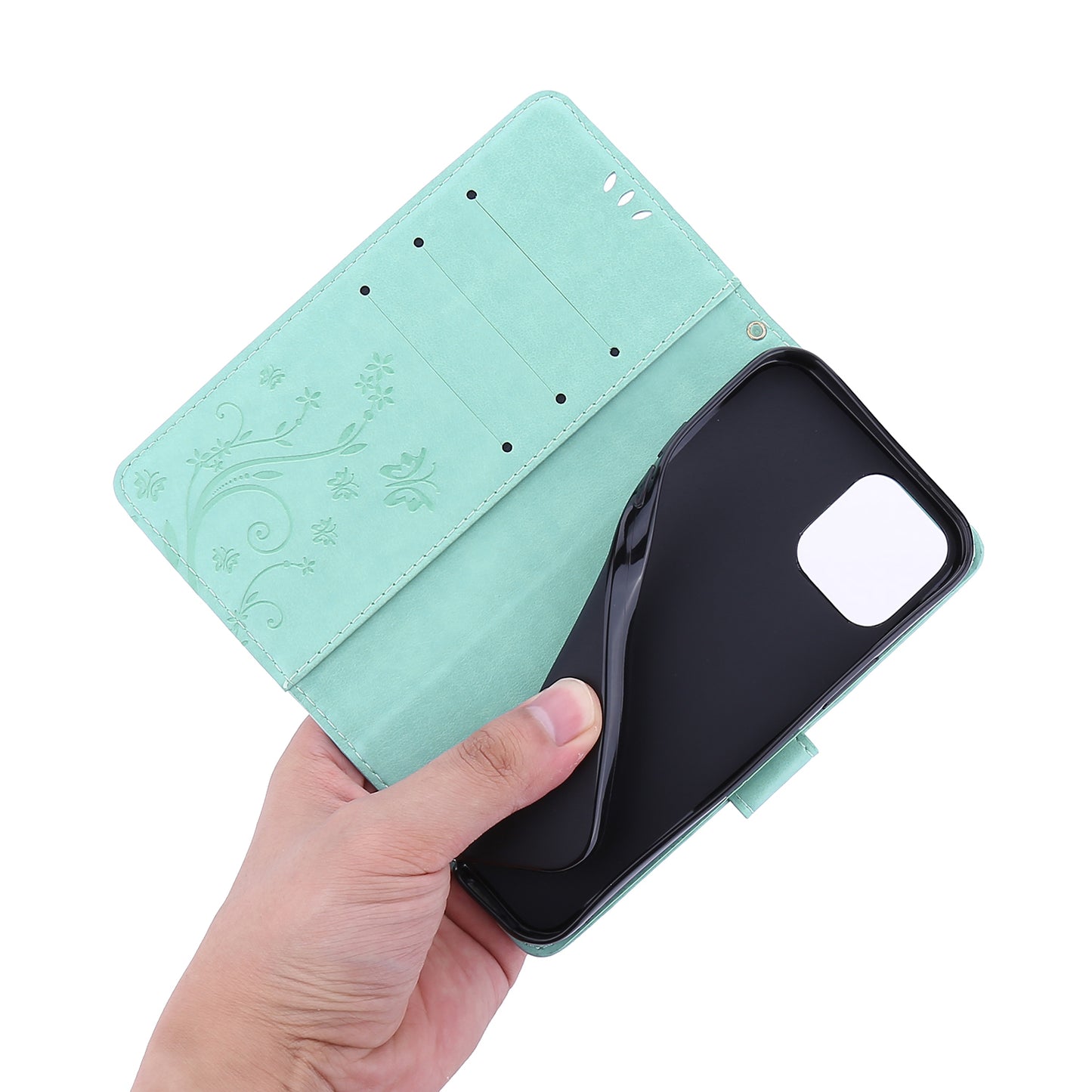 Well-protected PU Leather Butterflies Pattern Imprint Wallet Card Slots Phone Stand Case for iPhone 13 Pro 6.1 inch