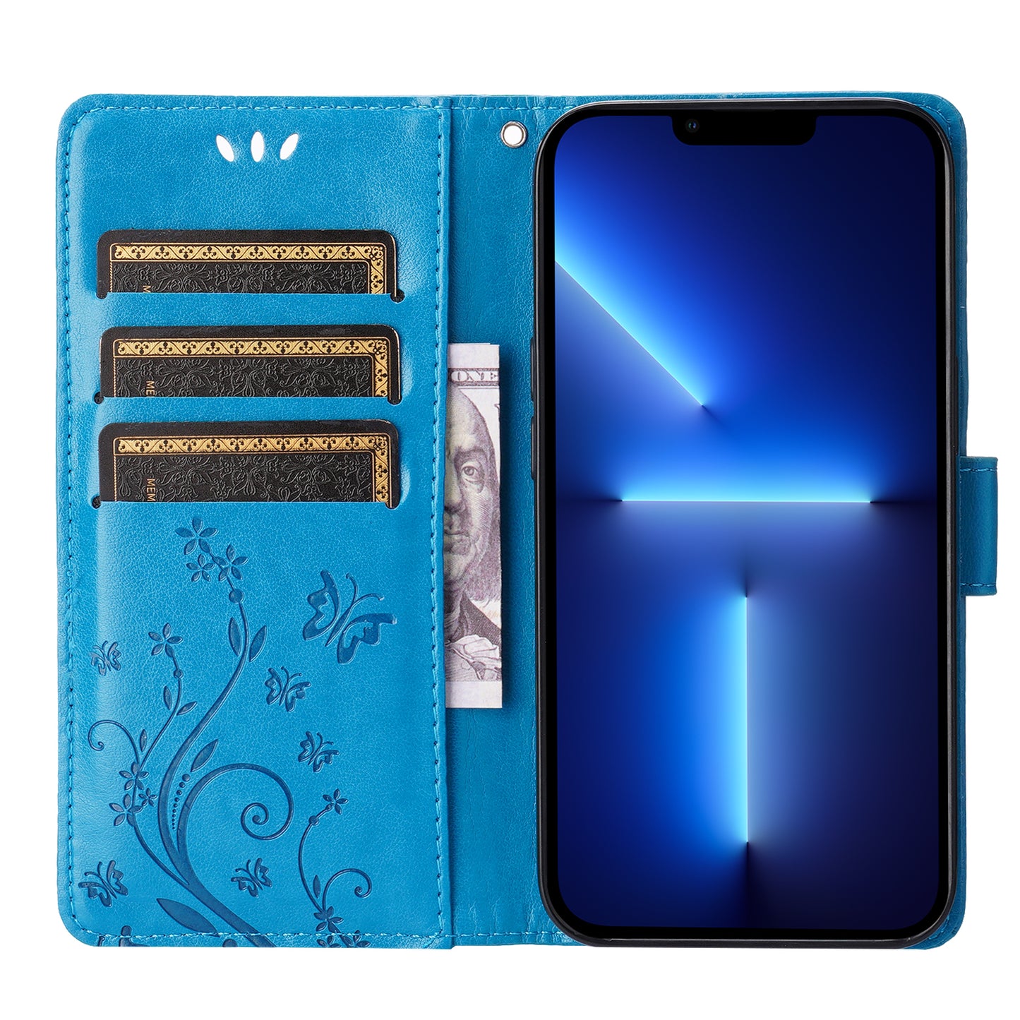 Well-protected PU Leather Butterflies Pattern Imprint Wallet Card Slots Phone Stand Case for iPhone 13 Pro 6.1 inch