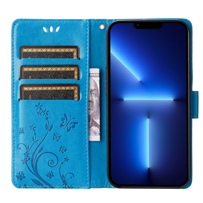 Well-protected PU Leather Butterflies Pattern Imprint Wallet Card Slots Phone Stand Case for iPhone 13 Pro 6.1 inch