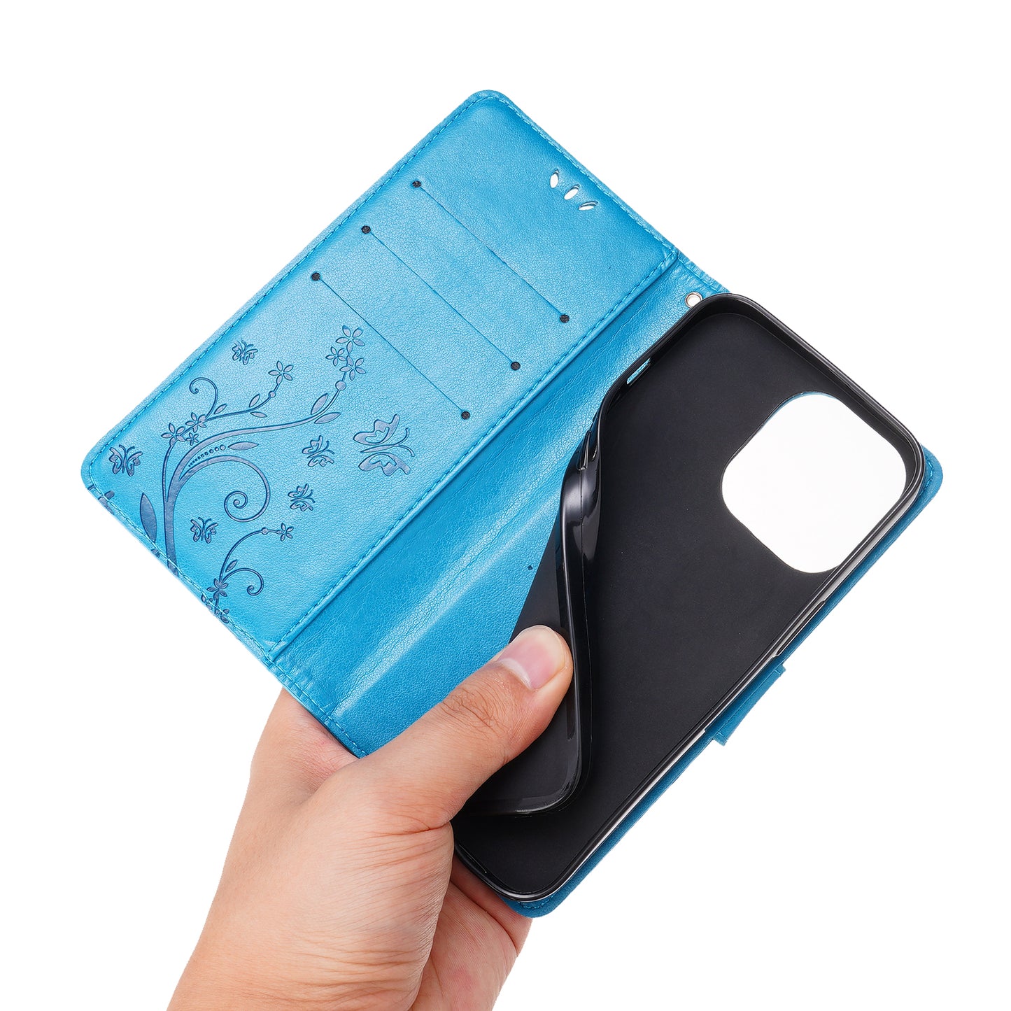 Well-protected PU Leather Butterflies Pattern Imprint Wallet Card Slots Phone Stand Case for iPhone 13 Pro 6.1 inch