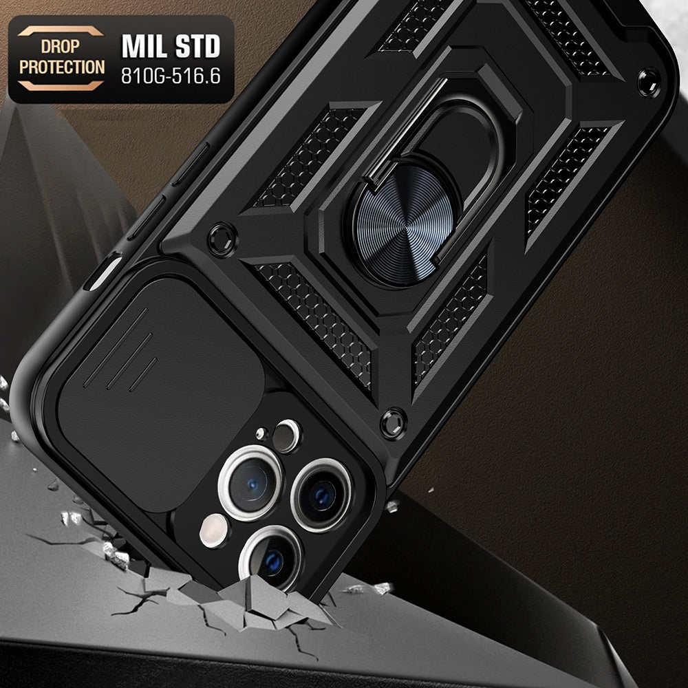 Camera Slide Shockproof Phone Case Anti-drop Back Cover with Kickstand for iPhone 13 Pro Max 6.7 inch