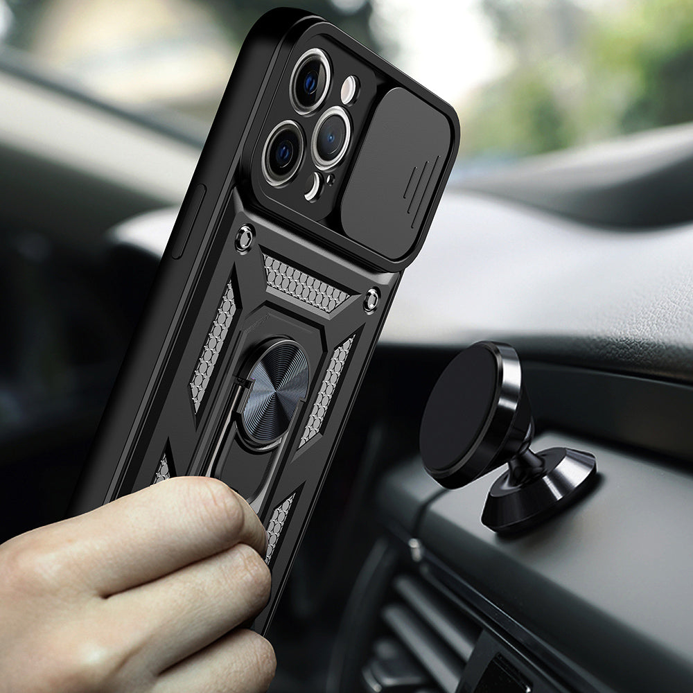 Camera Slide Shockproof Phone Case Anti-drop Back Cover with Kickstand for iPhone 13 Pro Max 6.7 inch