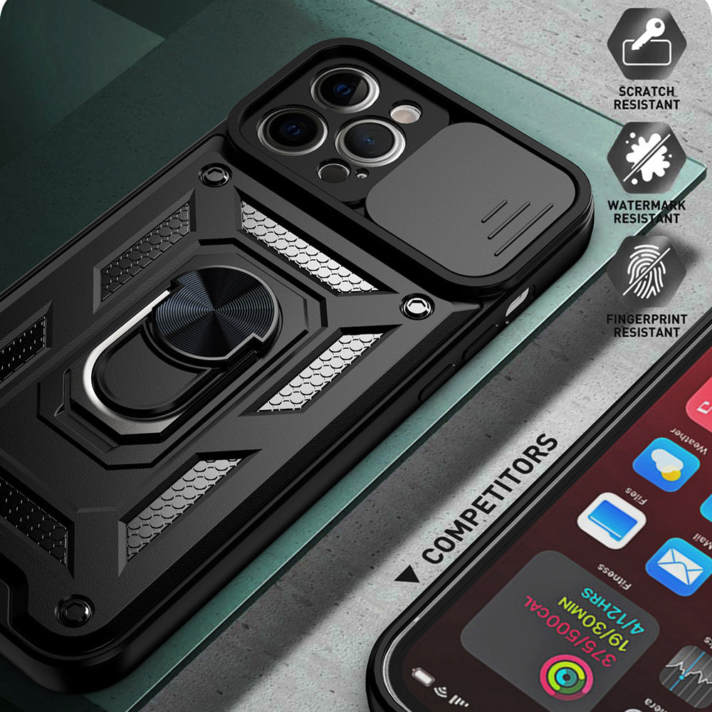 Camera Slide Shockproof Phone Case Anti-drop Back Cover with Kickstand for iPhone 13 Pro Max 6.7 inch