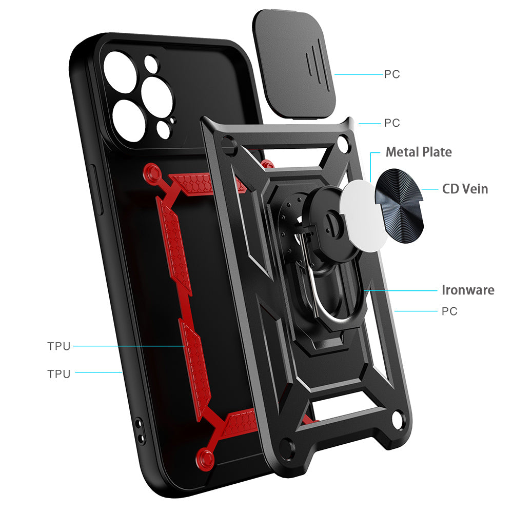 Camera Slide Shockproof Phone Case Anti-drop Back Cover with Kickstand for iPhone 13 Pro Max 6.7 inch