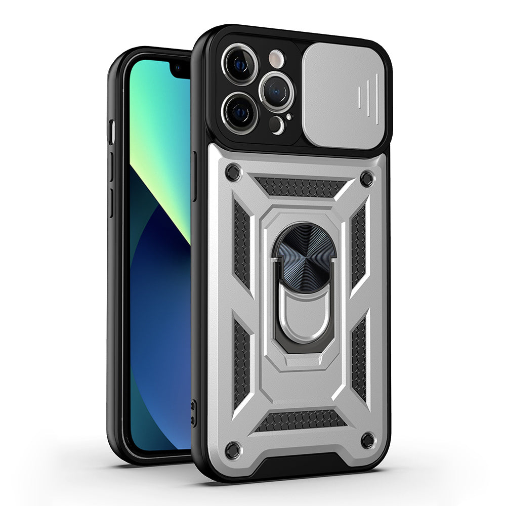 Camera Slide Shockproof Phone Case Anti-drop Back Cover with Kickstand for iPhone 13 Pro Max 6.7 inch