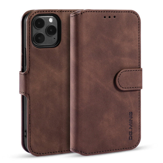 DG.MING Retro Style Leather Phone Shell with Wallet Stand Design and Strap for iPhone 13 Pro Max 6.7 inch