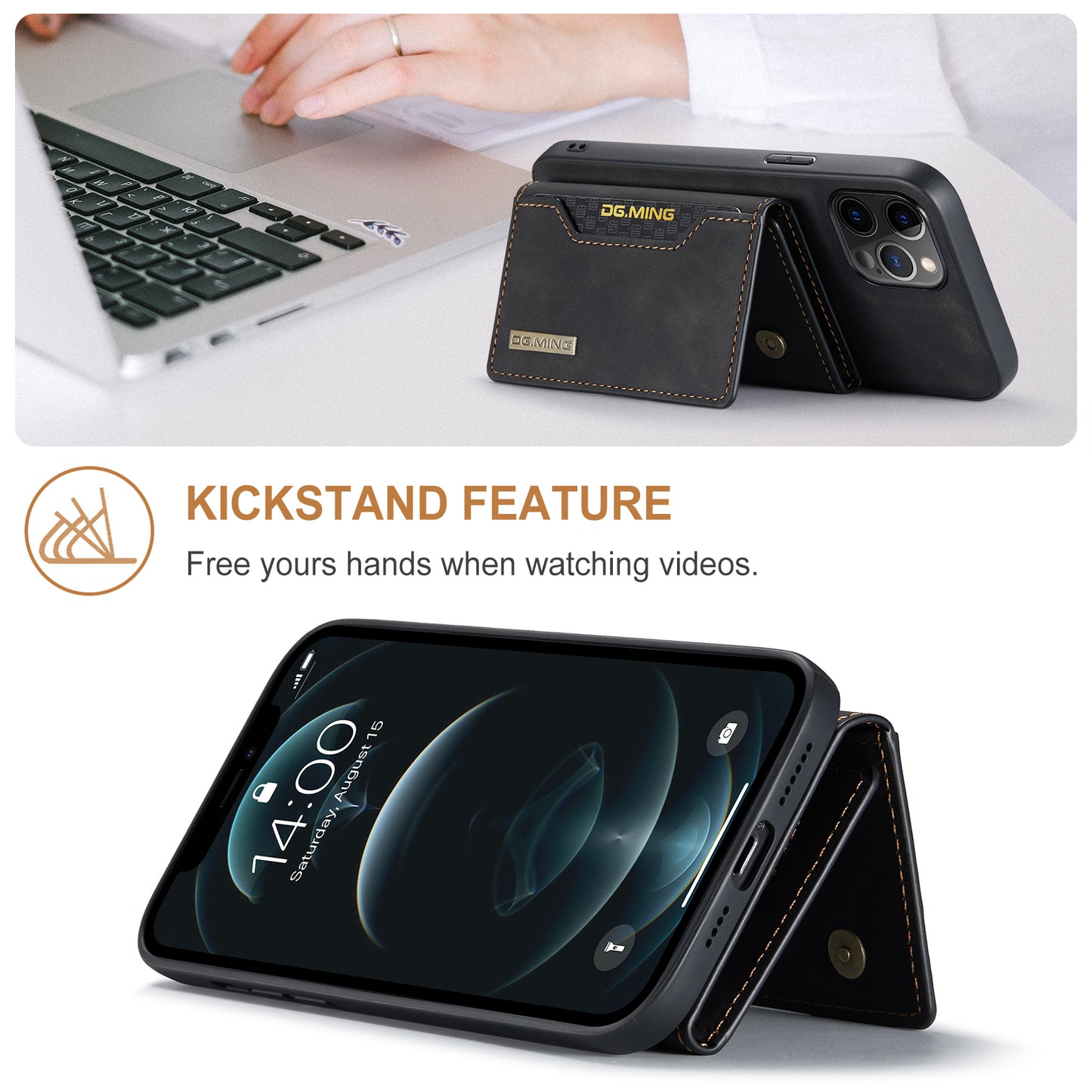 DG.MING M2 Series Magnetic Detachable 2-in-1Tri-Fold Wallet Wireless Charging Hybrid Kickstand Case for iPhone 13 Pro 6.1 inch