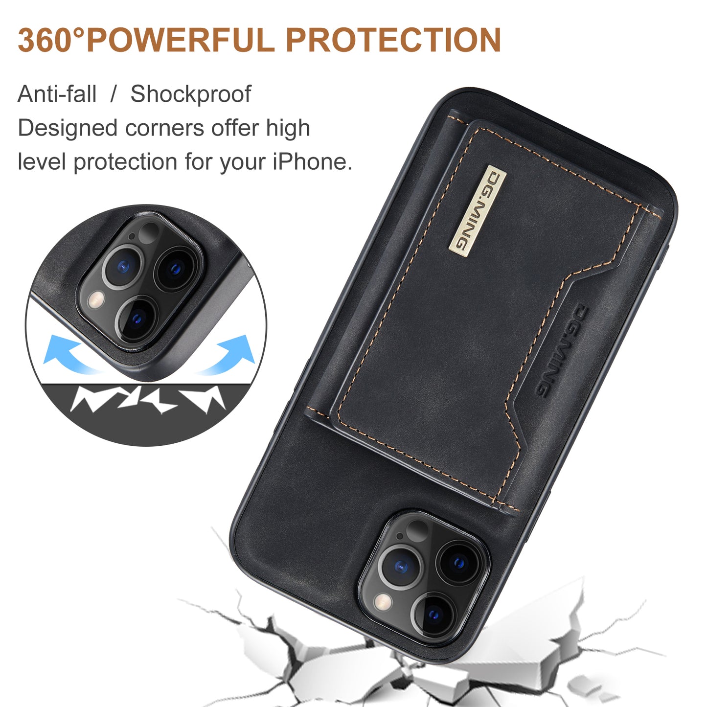 DG.MING M2 Series Magnetic Detachable 2-in-1Tri-Fold Wallet Wireless Charging Hybrid Kickstand Case for iPhone 13 Pro 6.1 inch