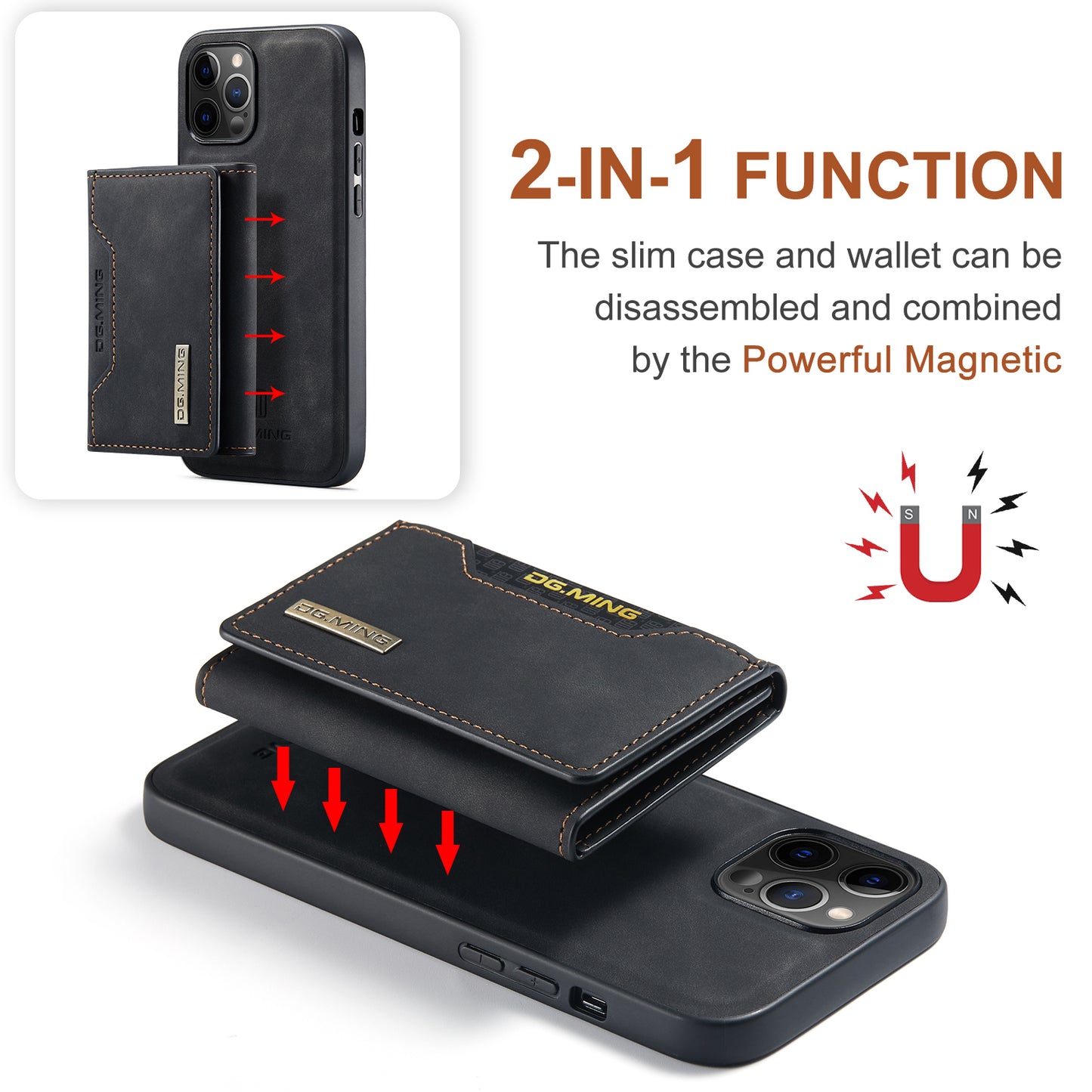 DG.MING M2 Series Magnetic Detachable 2-in-1Tri-Fold Wallet Wireless Charging Hybrid Kickstand Case for iPhone 13 Pro 6.1 inch