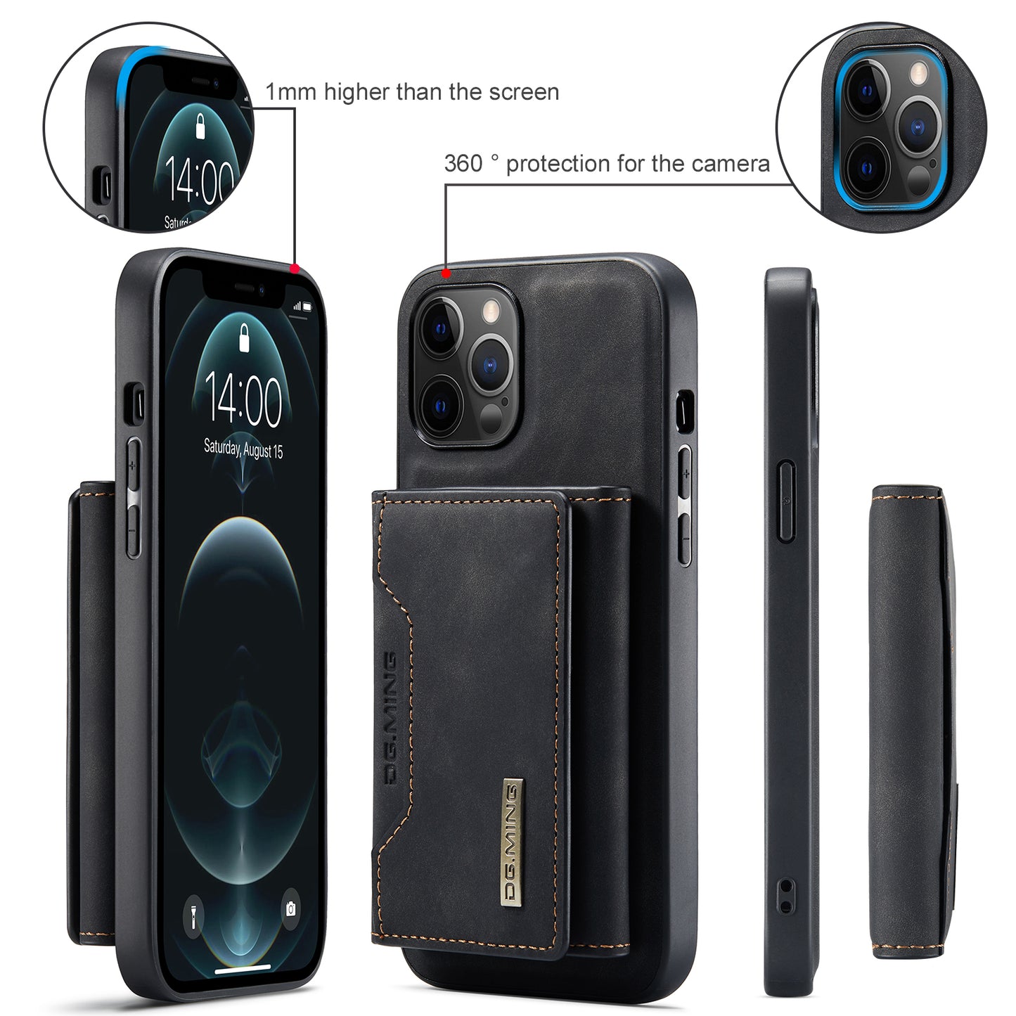 DG.MING M2 Series Magnetic Detachable 2-in-1Tri-Fold Wallet Wireless Charging Hybrid Kickstand Case for iPhone 13 Pro 6.1 inch
