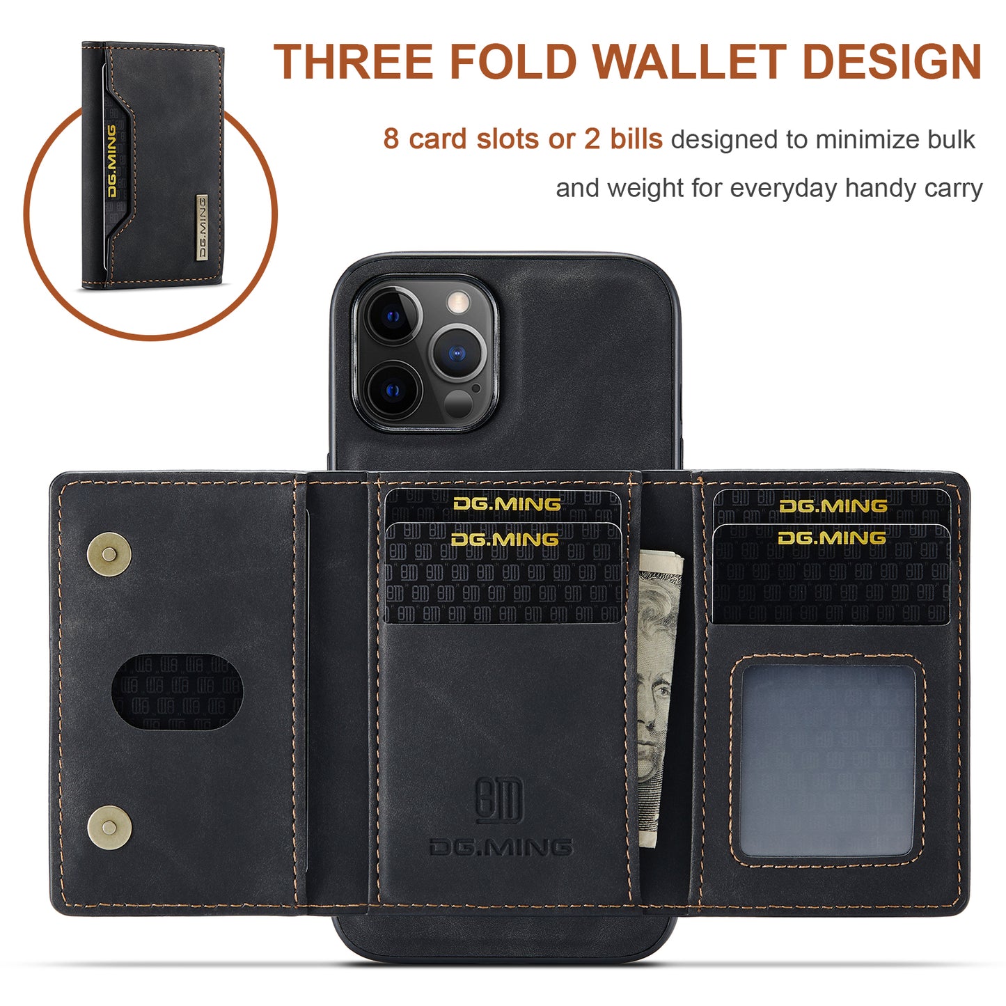 DG.MING M2 Series Magnetic Detachable 2-in-1Tri-Fold Wallet Wireless Charging Hybrid Kickstand Case for iPhone 13 Pro 6.1 inch
