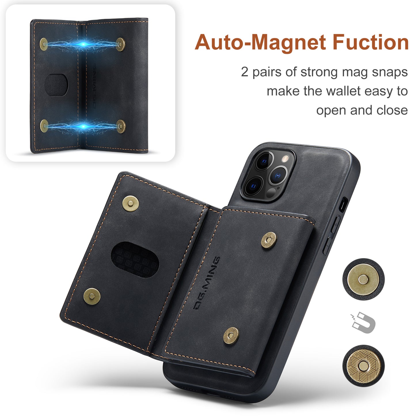 DG.MING M2 Series Magnetic Detachable 2-in-1Tri-Fold Wallet Wireless Charging Hybrid Kickstand Case for iPhone 13 Pro 6.1 inch