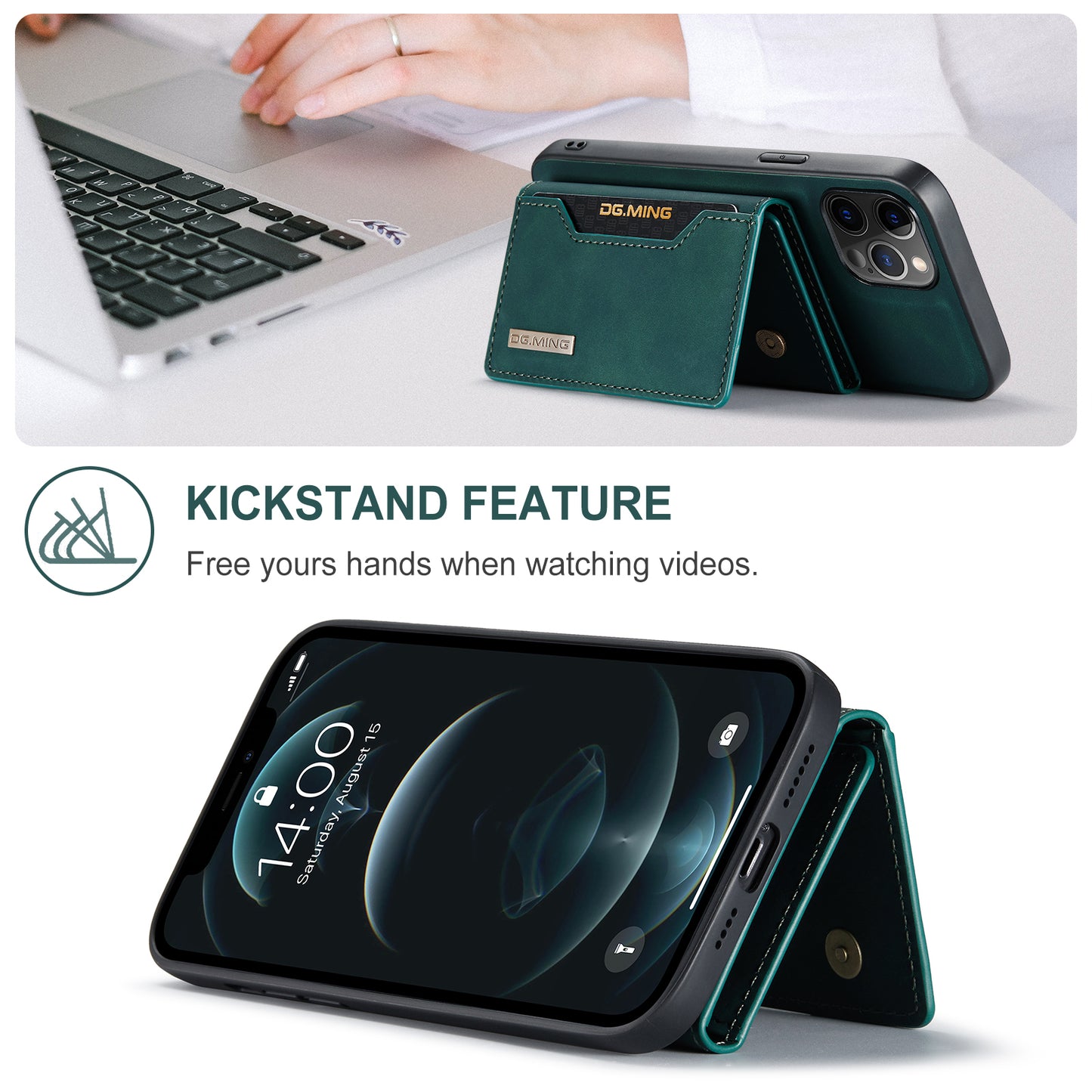 DG.MING M2 Series Magnetic Detachable 2-in-1Tri-Fold Wallet Wireless Charging Hybrid Kickstand Case for iPhone 13 Pro 6.1 inch