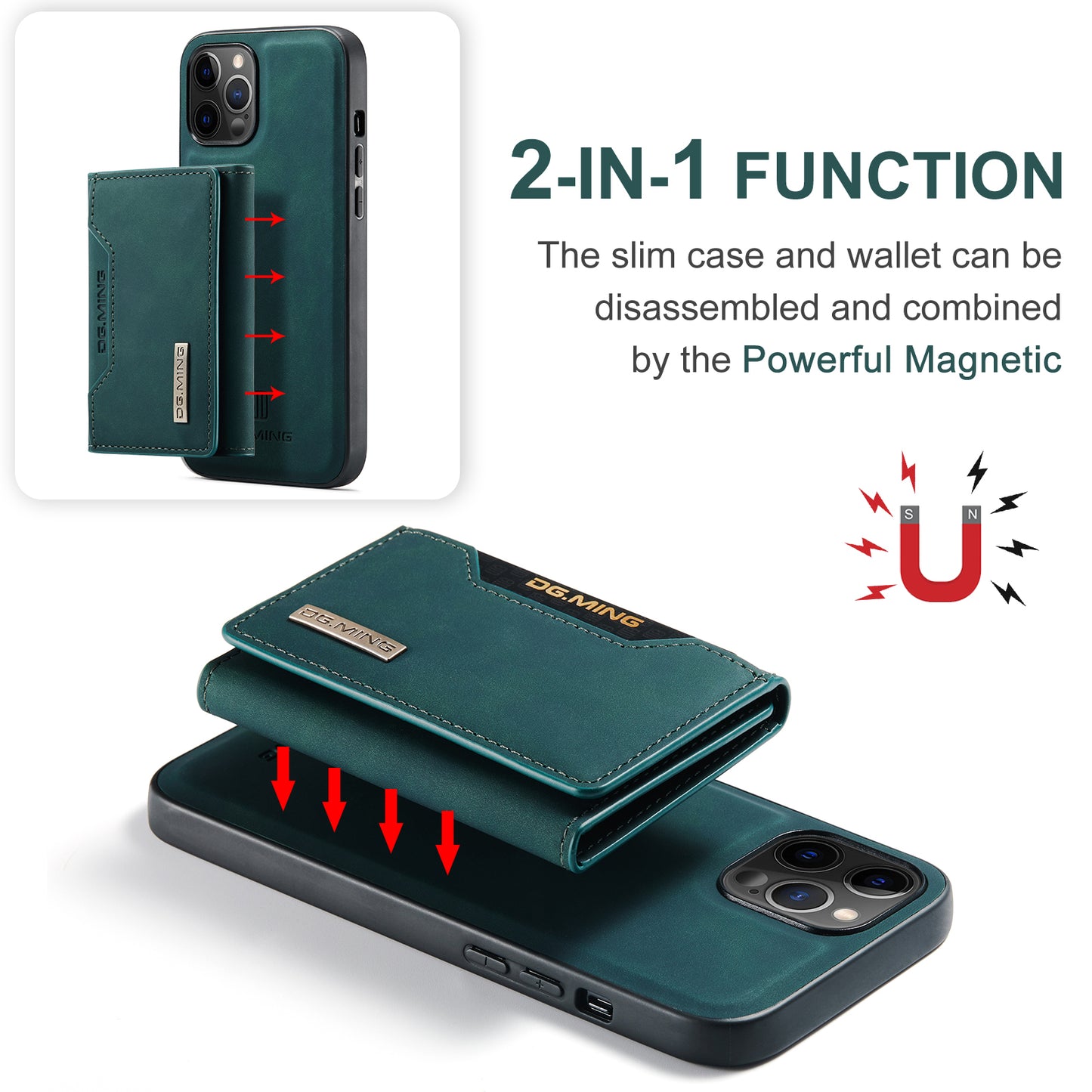 DG.MING M2 Series Magnetic Detachable 2-in-1Tri-Fold Wallet Wireless Charging Hybrid Kickstand Case for iPhone 13 Pro 6.1 inch