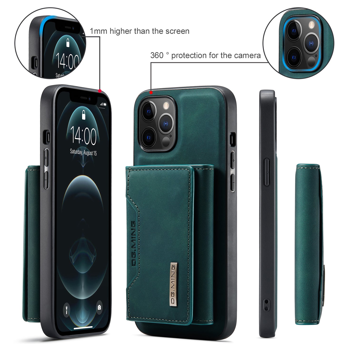 DG.MING M2 Series Magnetic Detachable 2-in-1Tri-Fold Wallet Wireless Charging Hybrid Kickstand Case for iPhone 13 Pro 6.1 inch