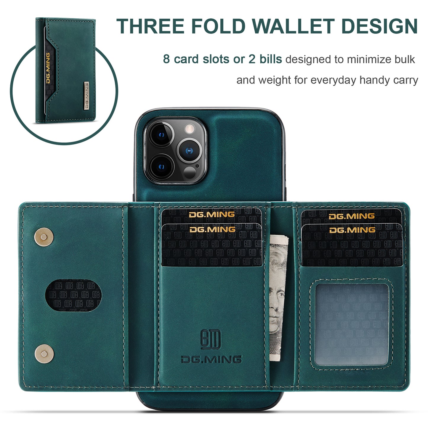 DG.MING M2 Series Magnetic Detachable 2-in-1Tri-Fold Wallet Wireless Charging Hybrid Kickstand Case for iPhone 13 Pro 6.1 inch