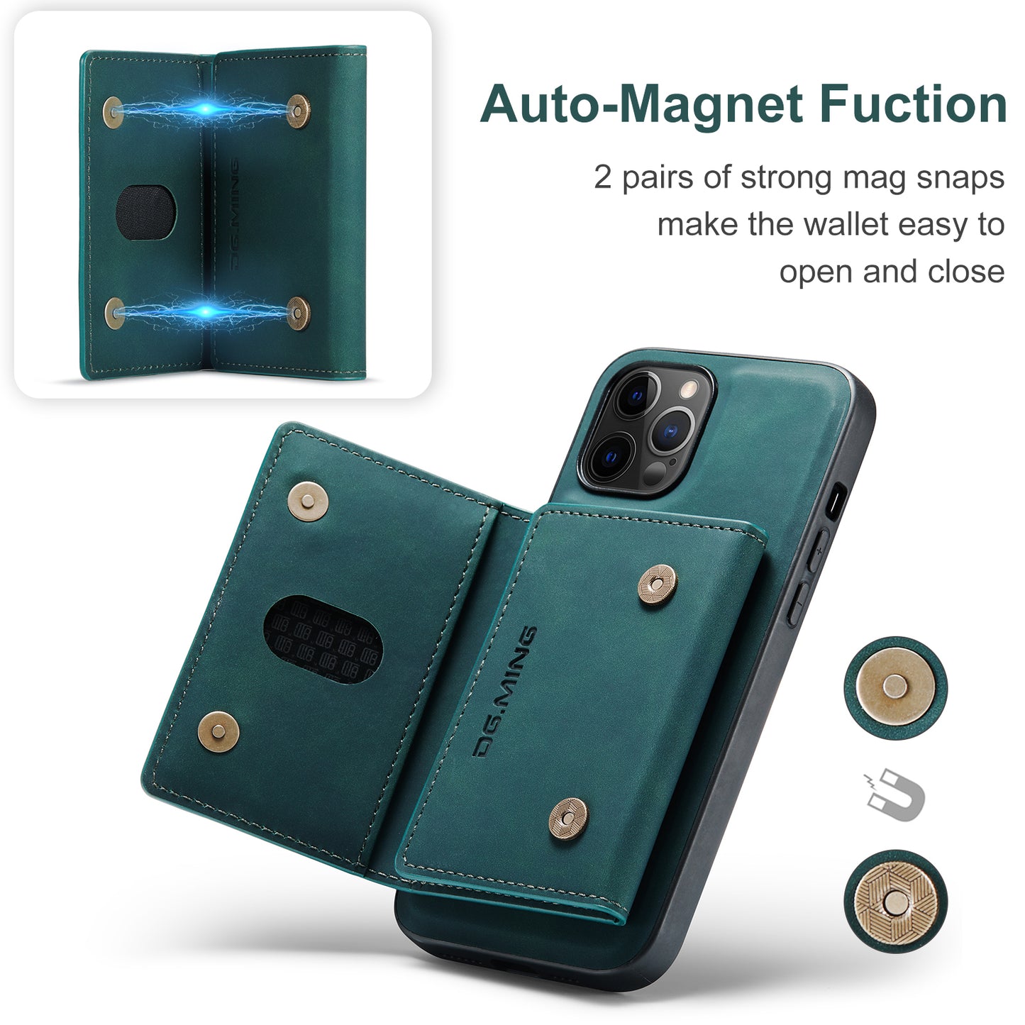DG.MING M2 Series Magnetic Detachable 2-in-1Tri-Fold Wallet Wireless Charging Hybrid Kickstand Case for iPhone 13 Pro 6.1 inch