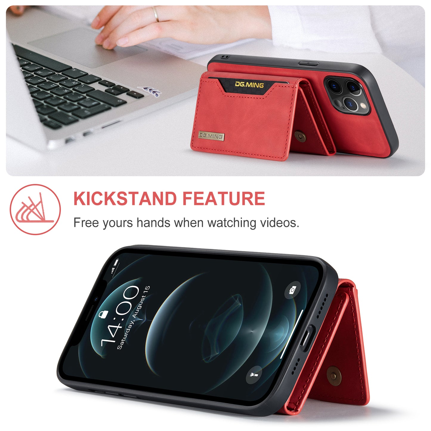 DG.MING M2 Series Magnetic Detachable 2-in-1Tri-Fold Wallet Wireless Charging Hybrid Kickstand Case for iPhone 13 Pro 6.1 inch