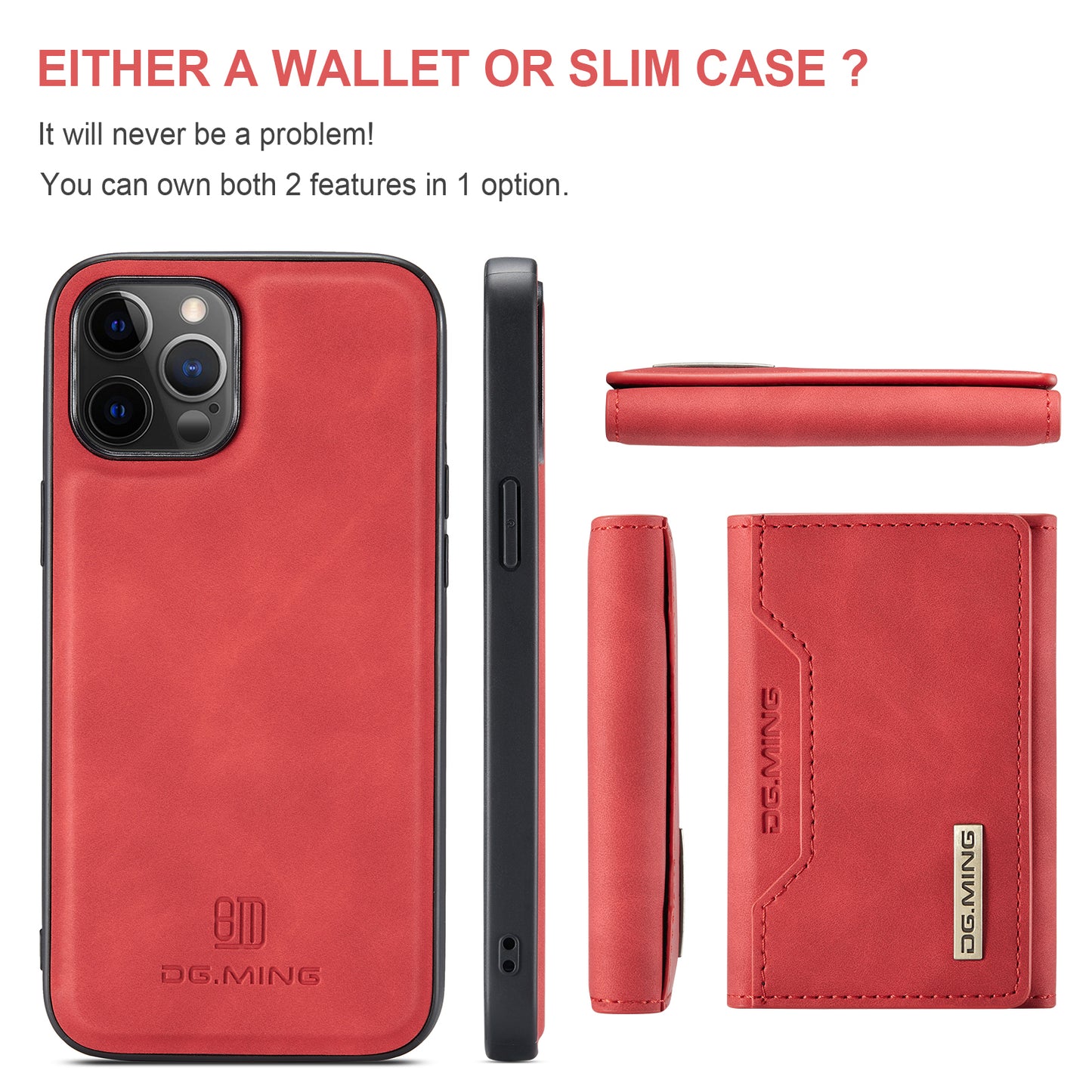 DG.MING M2 Series Magnetic Detachable 2-in-1Tri-Fold Wallet Wireless Charging Hybrid Kickstand Case for iPhone 13 Pro 6.1 inch