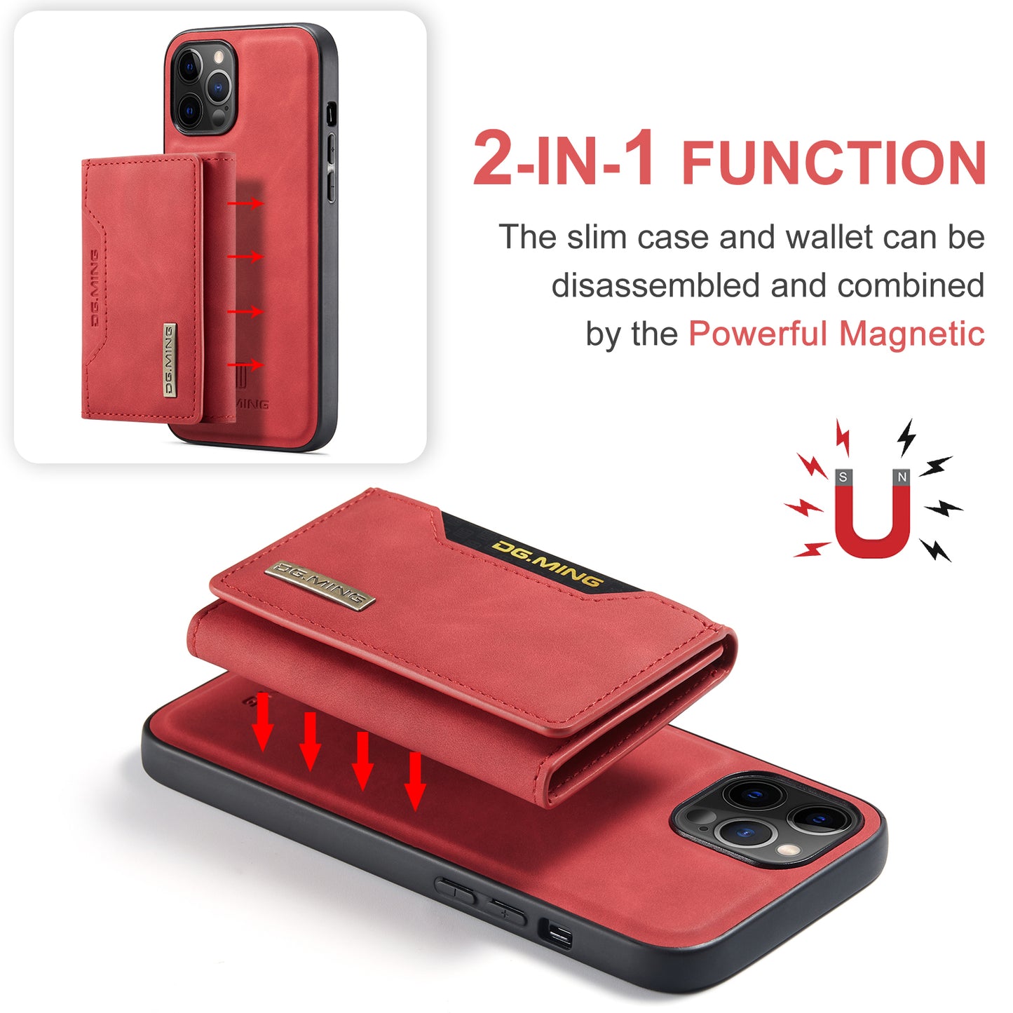 DG.MING M2 Series Magnetic Detachable 2-in-1Tri-Fold Wallet Wireless Charging Hybrid Kickstand Case for iPhone 13 Pro 6.1 inch
