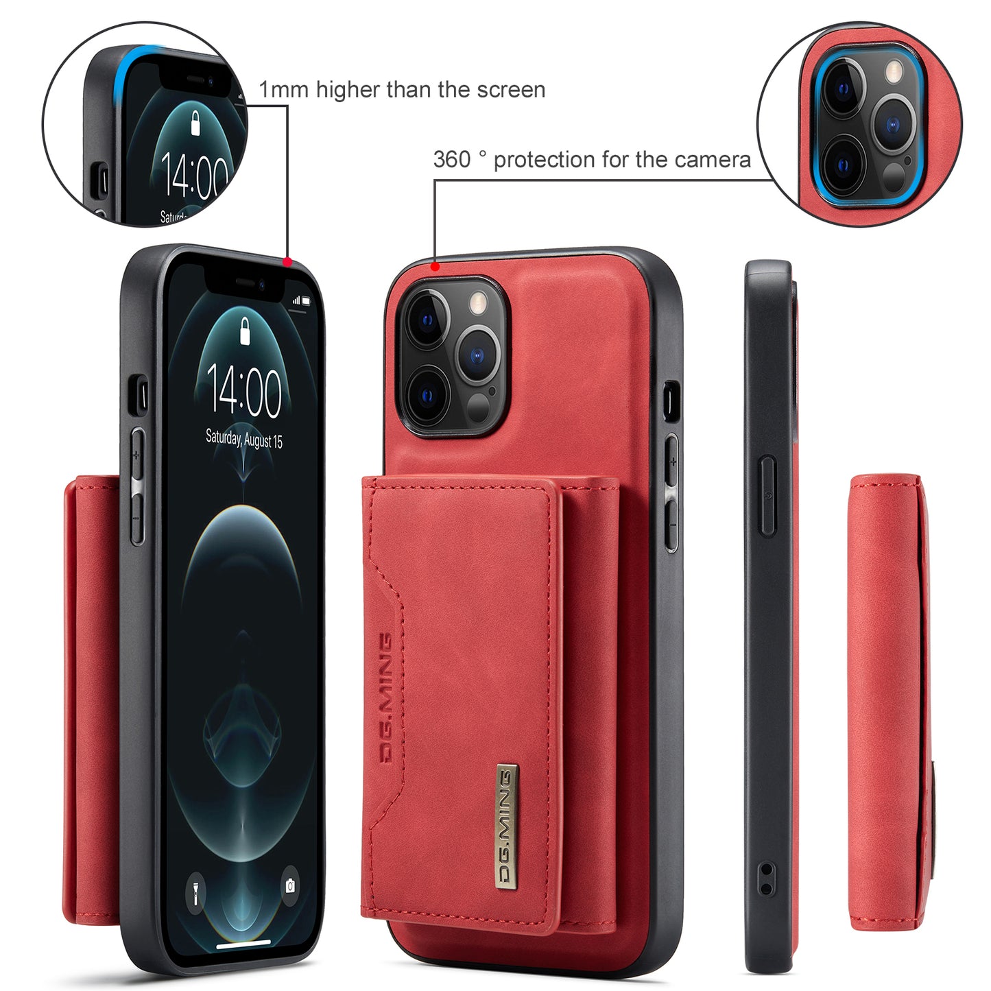 DG.MING M2 Series Magnetic Detachable 2-in-1Tri-Fold Wallet Wireless Charging Hybrid Kickstand Case for iPhone 13 Pro 6.1 inch