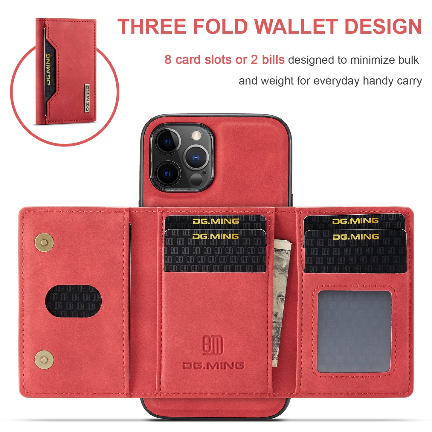 DG.MING M2 Series Magnetic Detachable 2-in-1Tri-Fold Wallet Wireless Charging Hybrid Kickstand Case for iPhone 13 Pro 6.1 inch