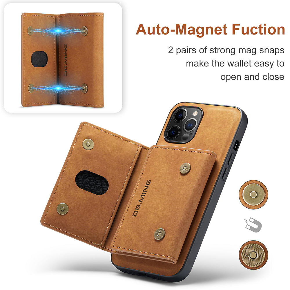 DG.MING M2 Series Magnetic Detachable 2-in-1Tri-Fold Wallet Wireless Charging Hybrid Kickstand Case for iPhone 13 Pro 6.1 inch