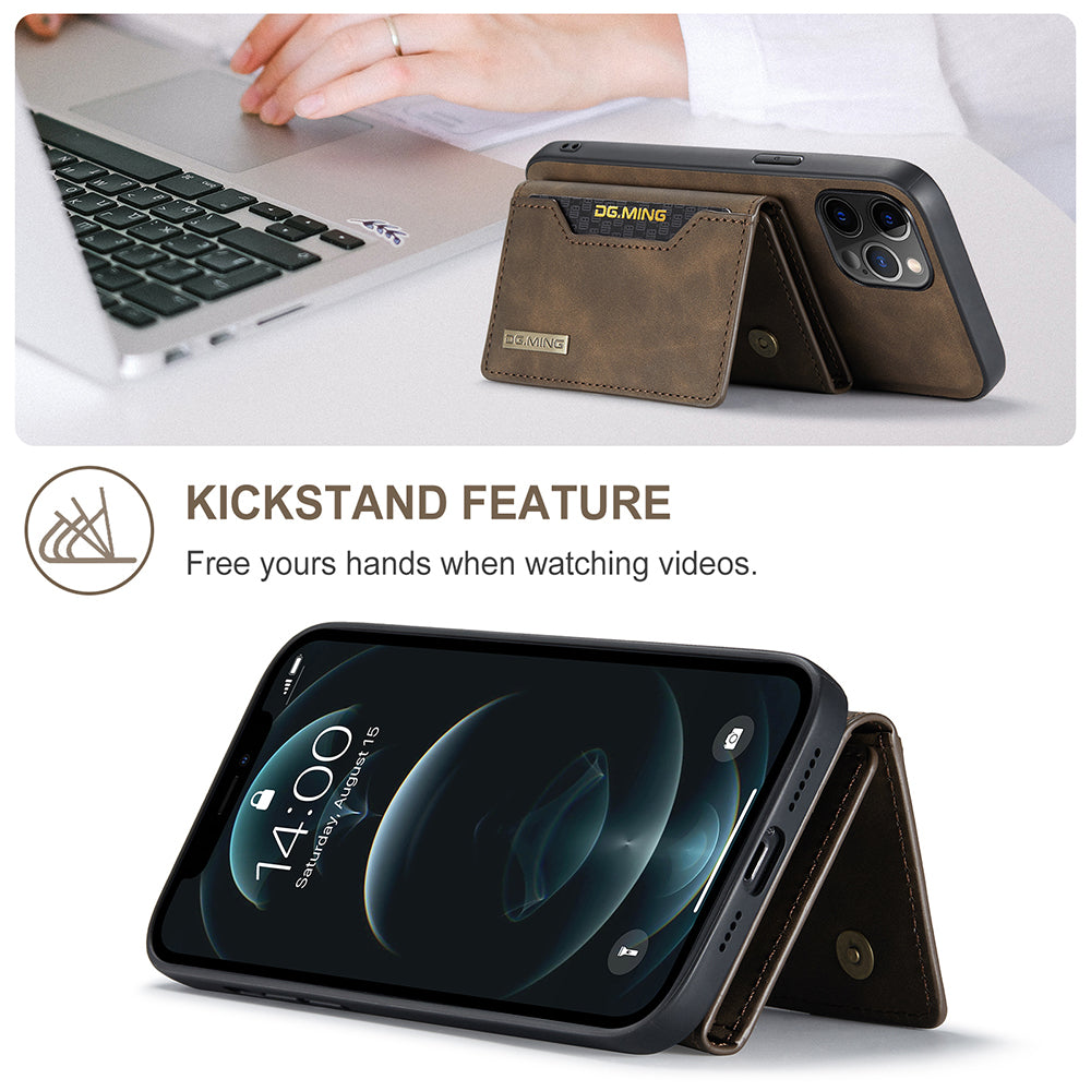 DG.MING M2 Series Magnetic Detachable 2-in-1Tri-Fold Wallet Wireless Charging Hybrid Kickstand Case for iPhone 13 Pro 6.1 inch