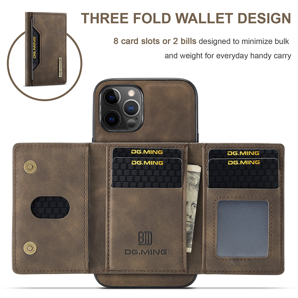 DG.MING M2 Series Magnetic Detachable 2-in-1Tri-Fold Wallet Wireless Charging Hybrid Kickstand Case for iPhone 13 Pro 6.1 inch