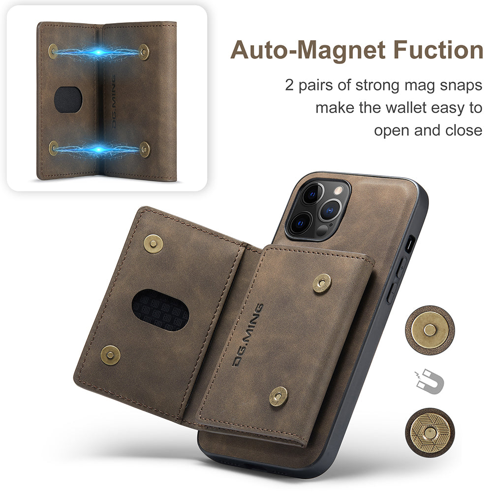 DG.MING M2 Series Magnetic Detachable 2-in-1Tri-Fold Wallet Wireless Charging Hybrid Kickstand Case for iPhone 13 Pro 6.1 inch