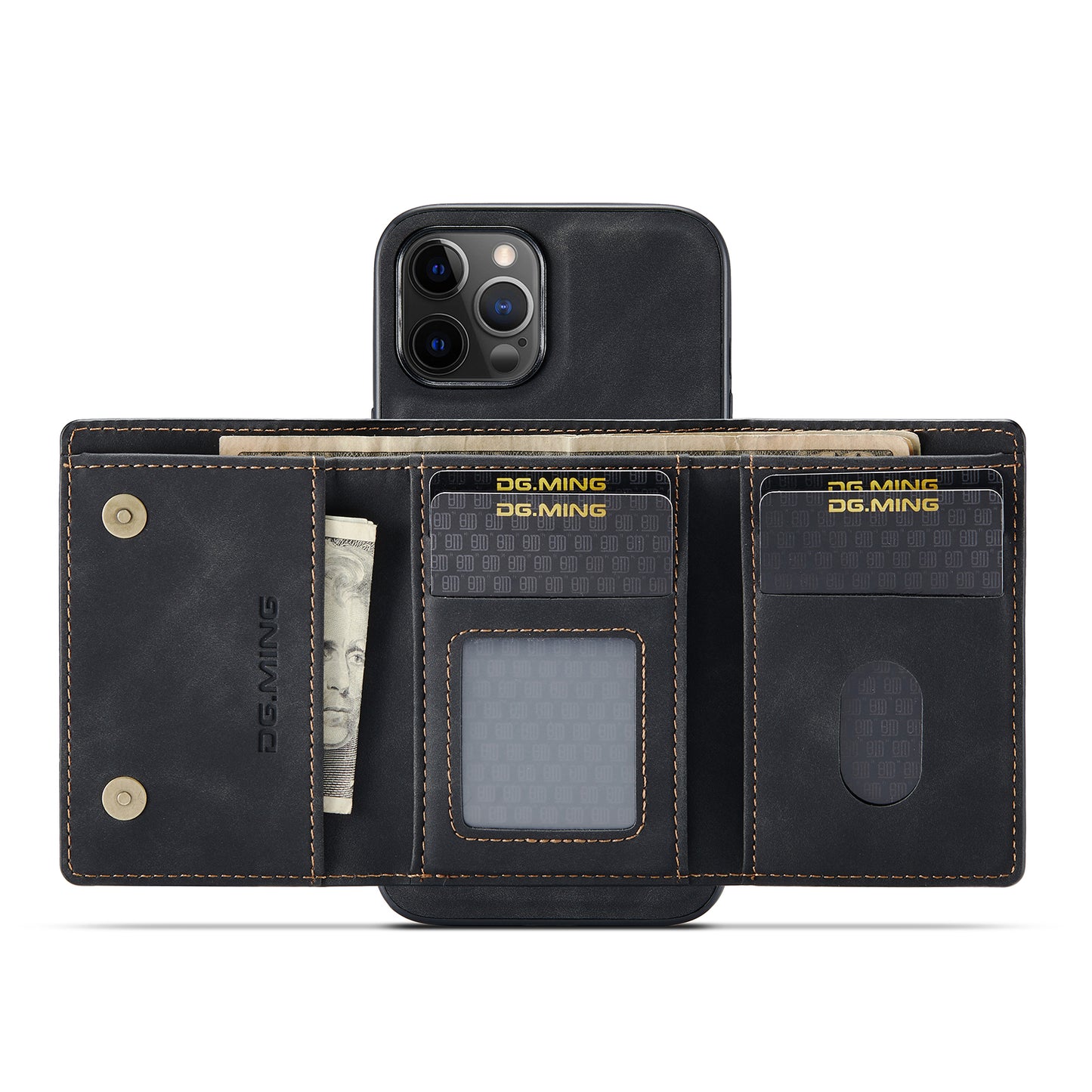 DG.MING M1 Series Wireless Charging Leather Coated TPU + PC Magnet Absorption Wallet Hybrid Cover Shell with Kickstand for iPhone 13 Pro 6.1 inch