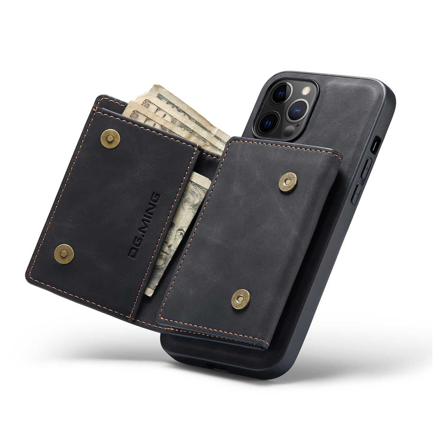 DG.MING M1 Series Wireless Charging Leather Coated TPU + PC Magnet Absorption Wallet Hybrid Cover Shell with Kickstand for iPhone 13 Pro 6.1 inch