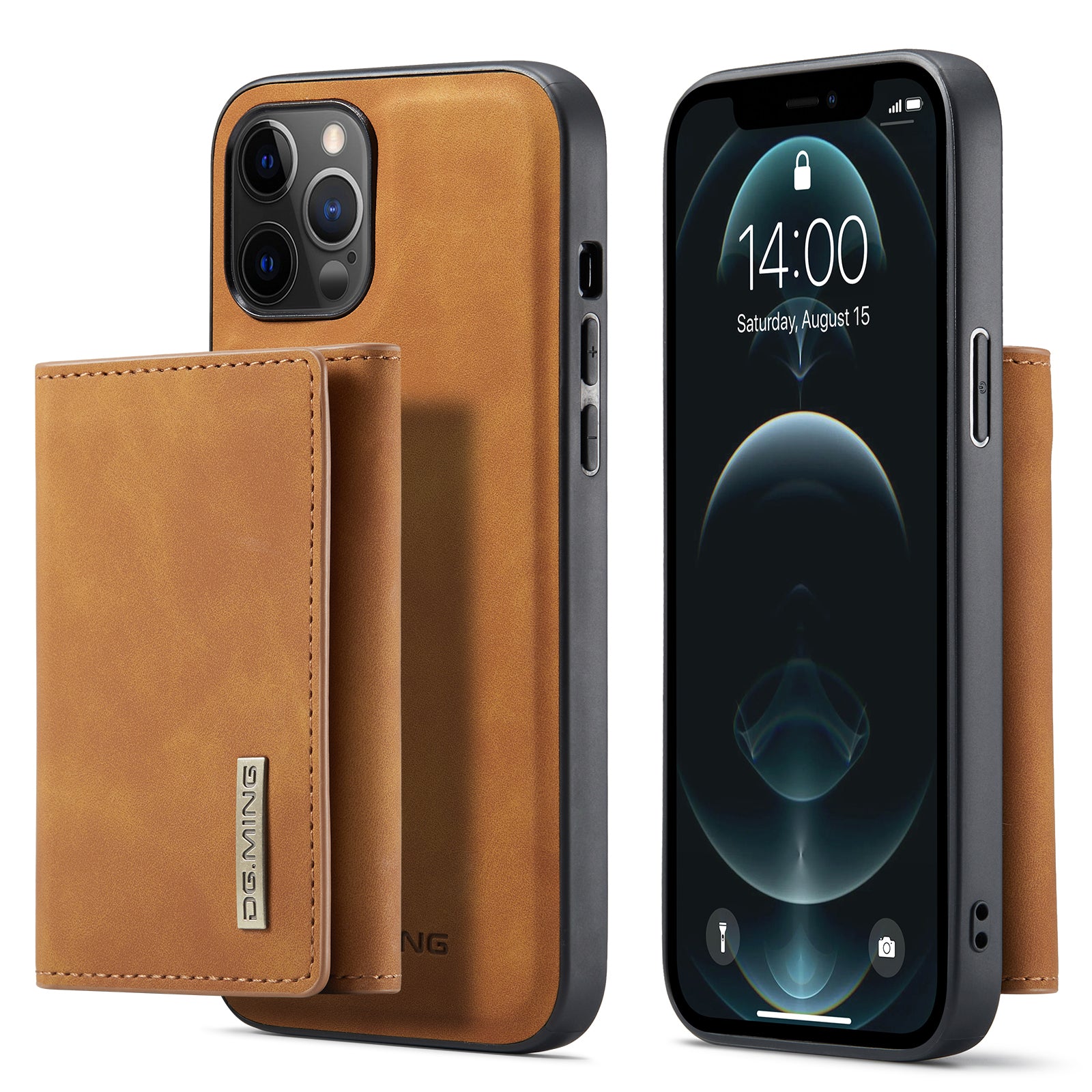 DG.MING M1 Series Wireless Charging Leather Coated TPU + PC Magnet Absorption Wallet Hybrid Cover Shell with Kickstand for iPhone 13 Pro 6.1 inch