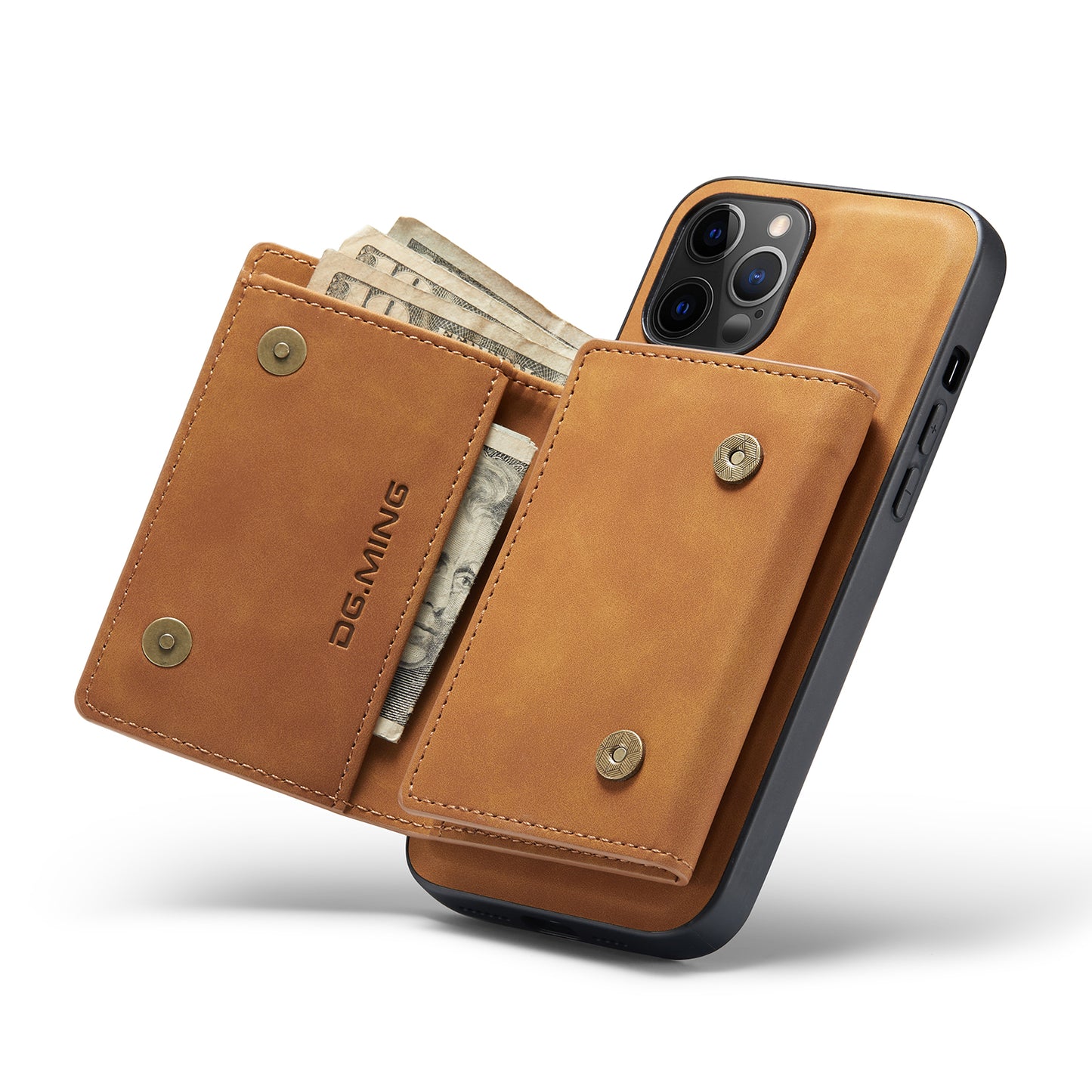 DG.MING M1 Series Wireless Charging Leather Coated TPU + PC Magnet Absorption Wallet Hybrid Cover Shell with Kickstand for iPhone 13 Pro 6.1 inch